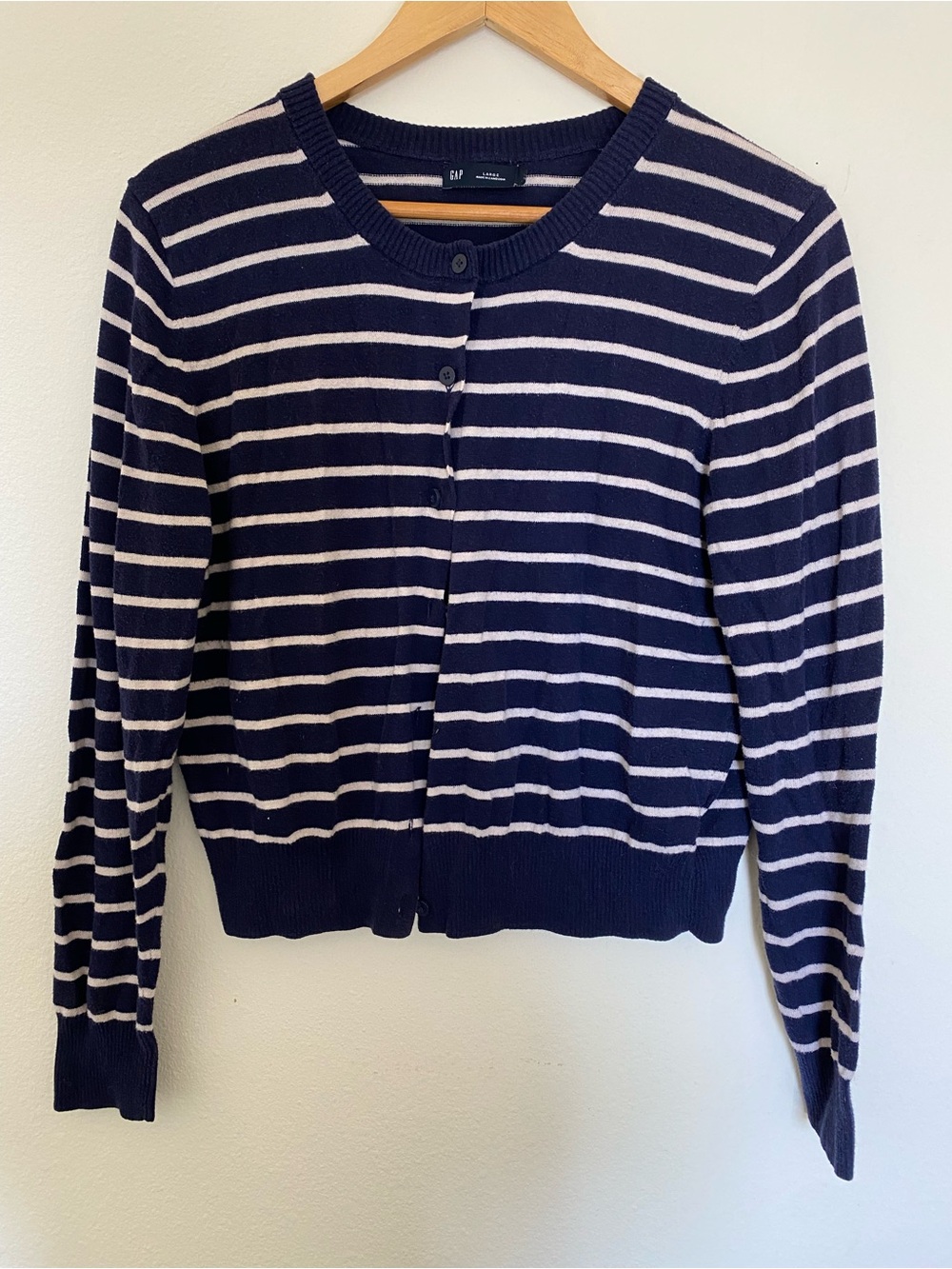 GAP Navy and White Striped Crewneck Cardigan